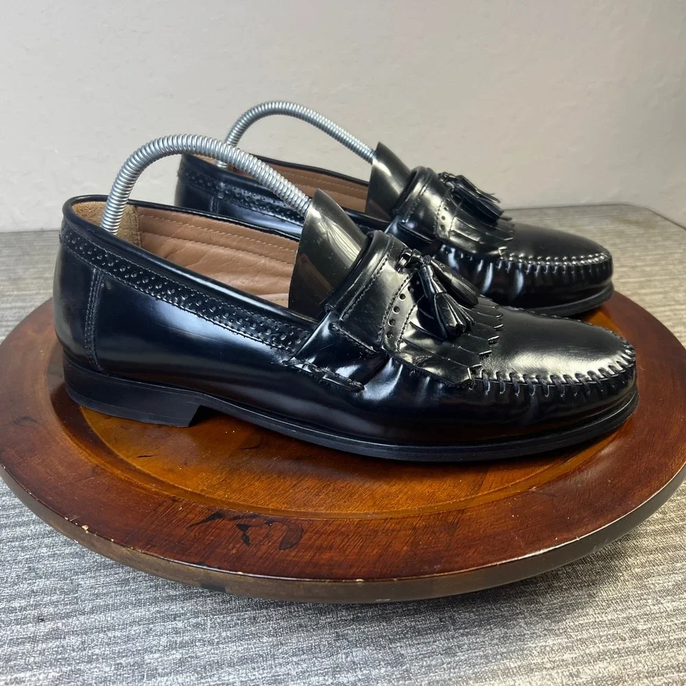 Bass Mens Shoes Black Leather Kiltie Tassel Loafers Brogue Detail Slip On Dres